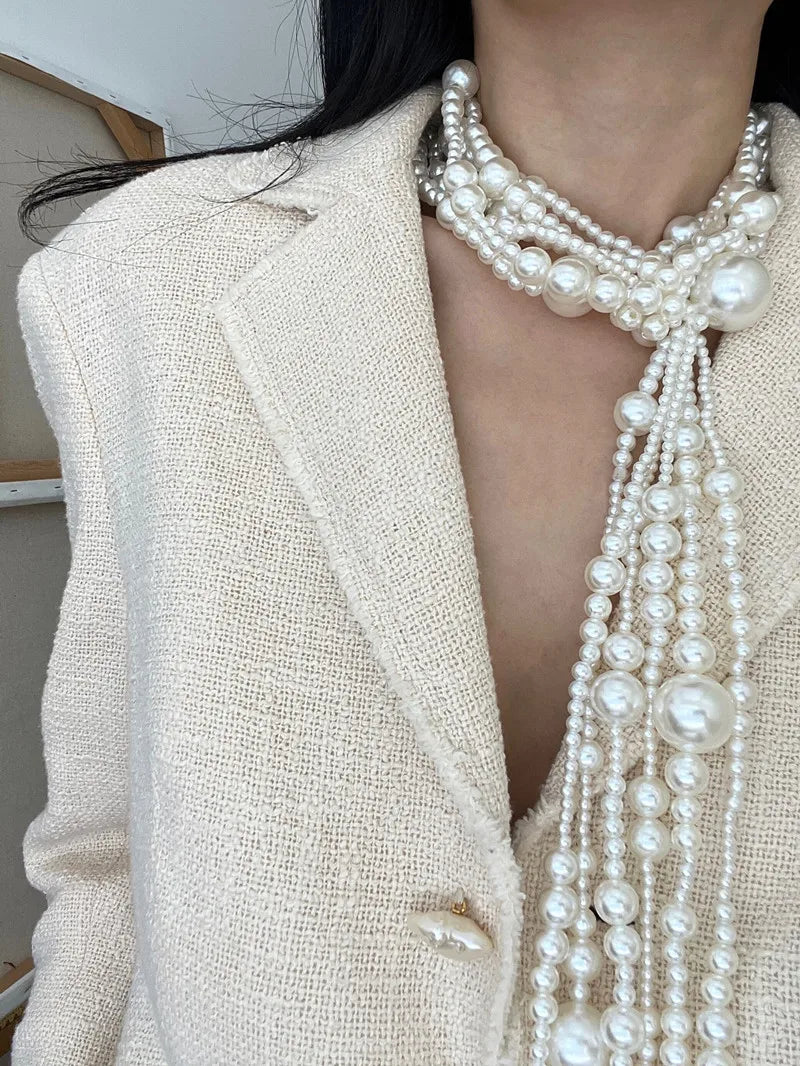 Elegant Multilayer Imitation Pearl Long  tassel knot Chain Necklace for Women Elegant Beads Choker Party  Jewelry