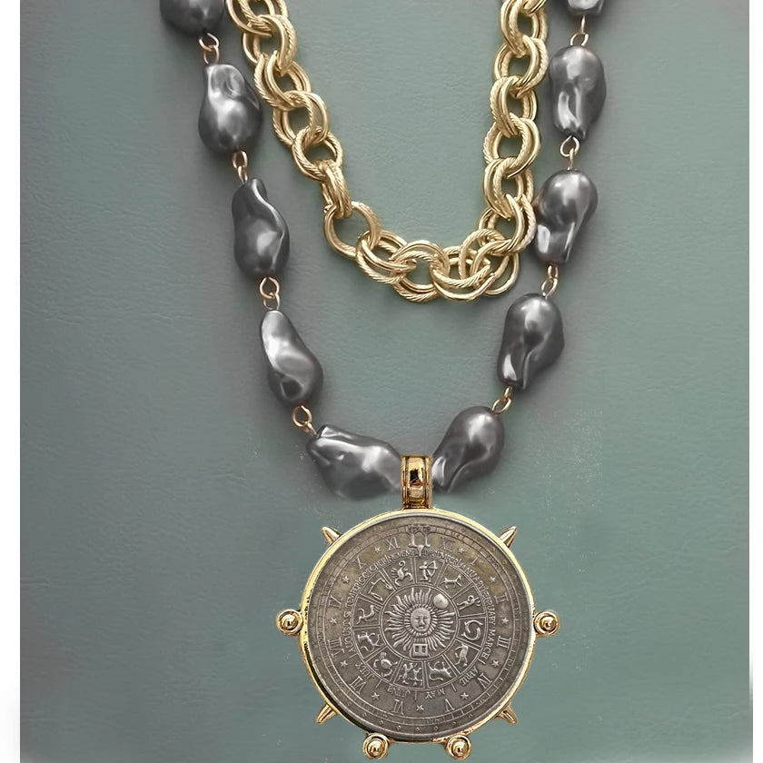 Choker Necklace - Coin Charm Pendant - Cubic Zirconia - Grey | KIMLUD