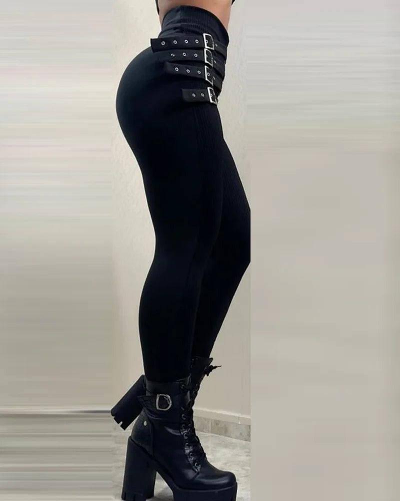 New Women's High Waist Pencil Pants Fashion Black Gothic Slim Leggings With Metal Buckle Y2k Vintage Trousers For Women