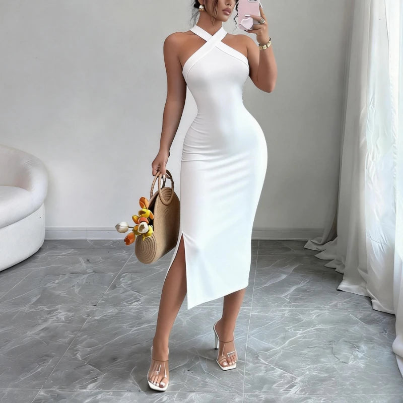 Knit Bodycon Midi Dress Halter Neck Side Slit — Burgundy | KIMLUD