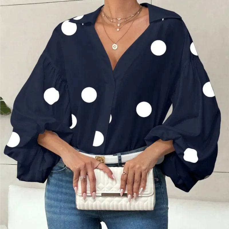 Boho Puff Sleeve Polka Dot Blouse — White | KIMLUD