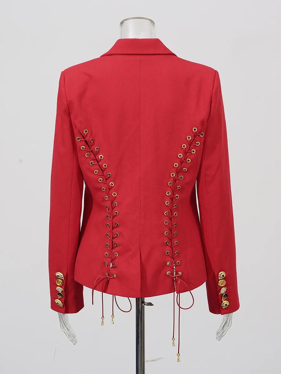 Cotton-Polyester Slimming Jacket With Lace-Up Patchwork — Black | KIMLUD