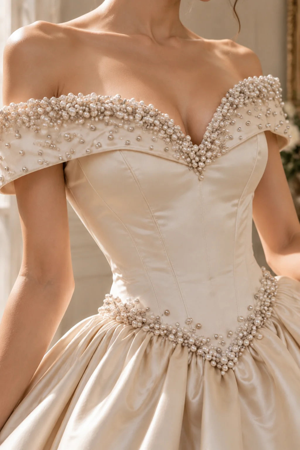 Wedding Dress – Pearl Beaded Off Shoulder Satin A-Line – Bridal | KIMLUD