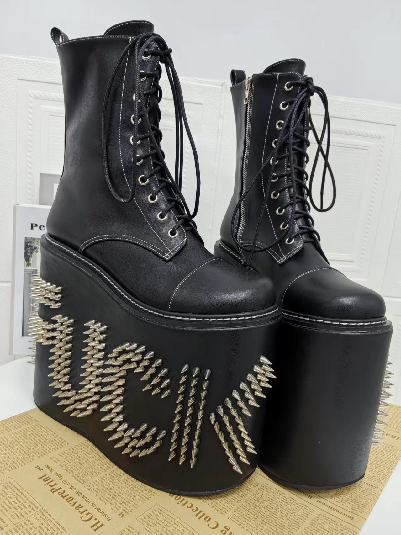 Women Motorcycle Boots women super high thick Heels pumps Cool Lady knight customized boots girl punk Gothic long boots rivets