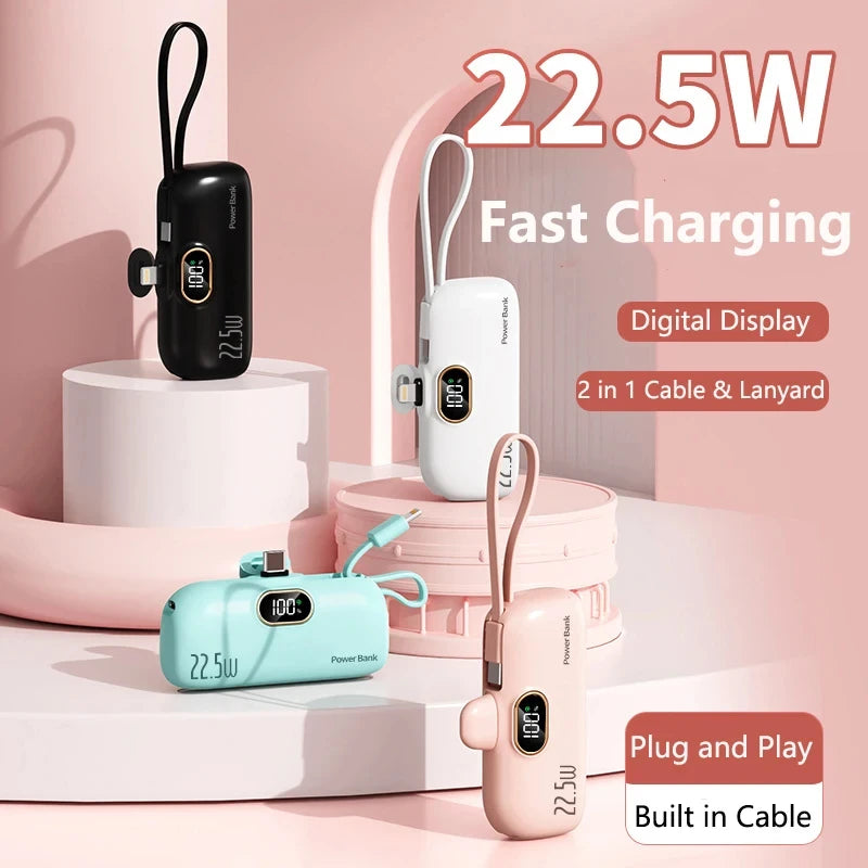 Portable Mini Power Bank Type C Plug Built in Cable 22.5W Fast Charging for iPhone Samsung Xiaomi External Battery