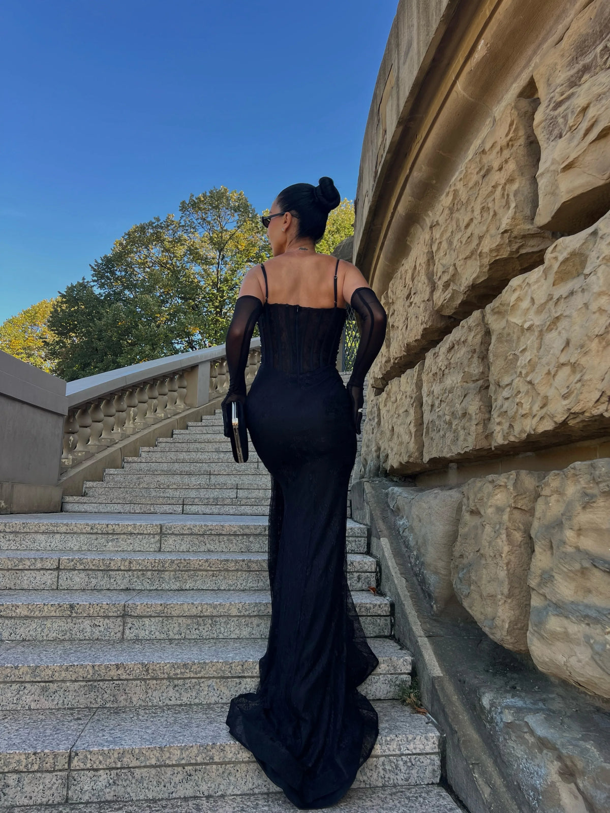 Corset Evening Dress – Long Sleeve – Lace – Black | KIMLUD