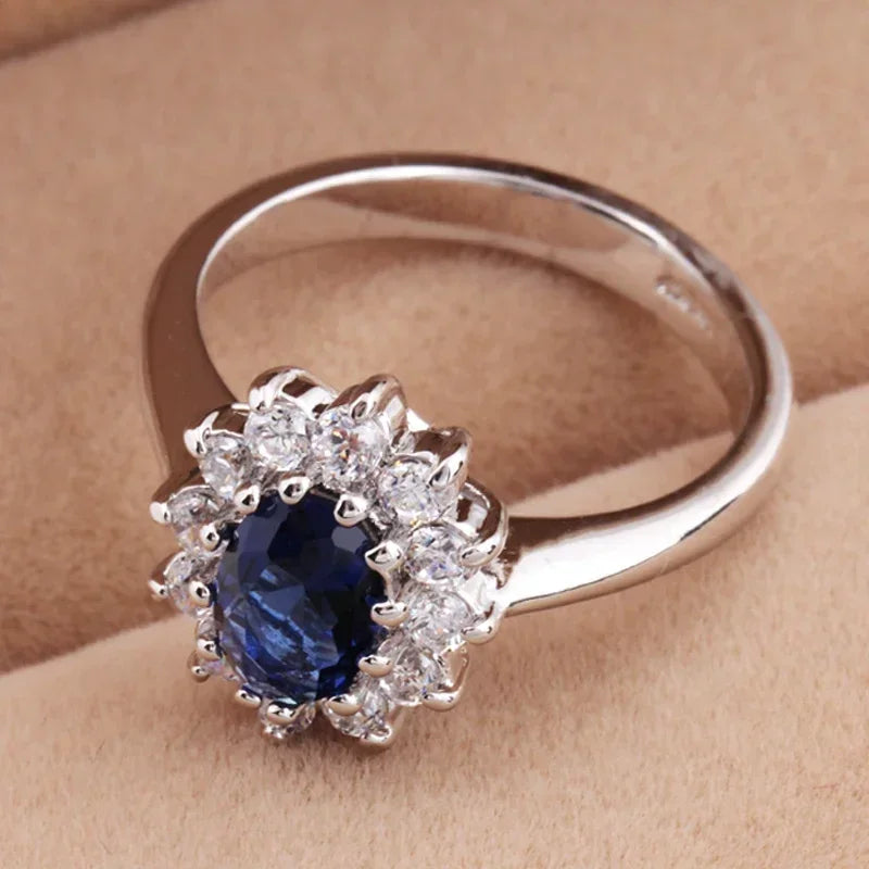 Bezel-Set Ring Oval Blue Zircon Center Stone — Blue | KIMLUD