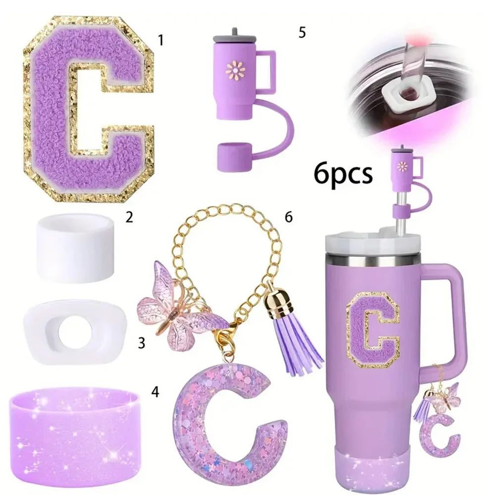 6 in 1 Cup Accessorie Set for Stanley Cup 40oz Tumbler Including Purple Silicone Straw Topper Boot Leak-proof Stopper Decoration