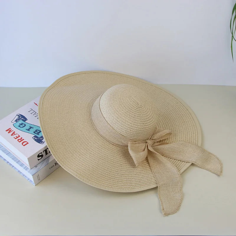 Straw Bow Hat Large Brim Sun Protective — Natural | KIMLUD