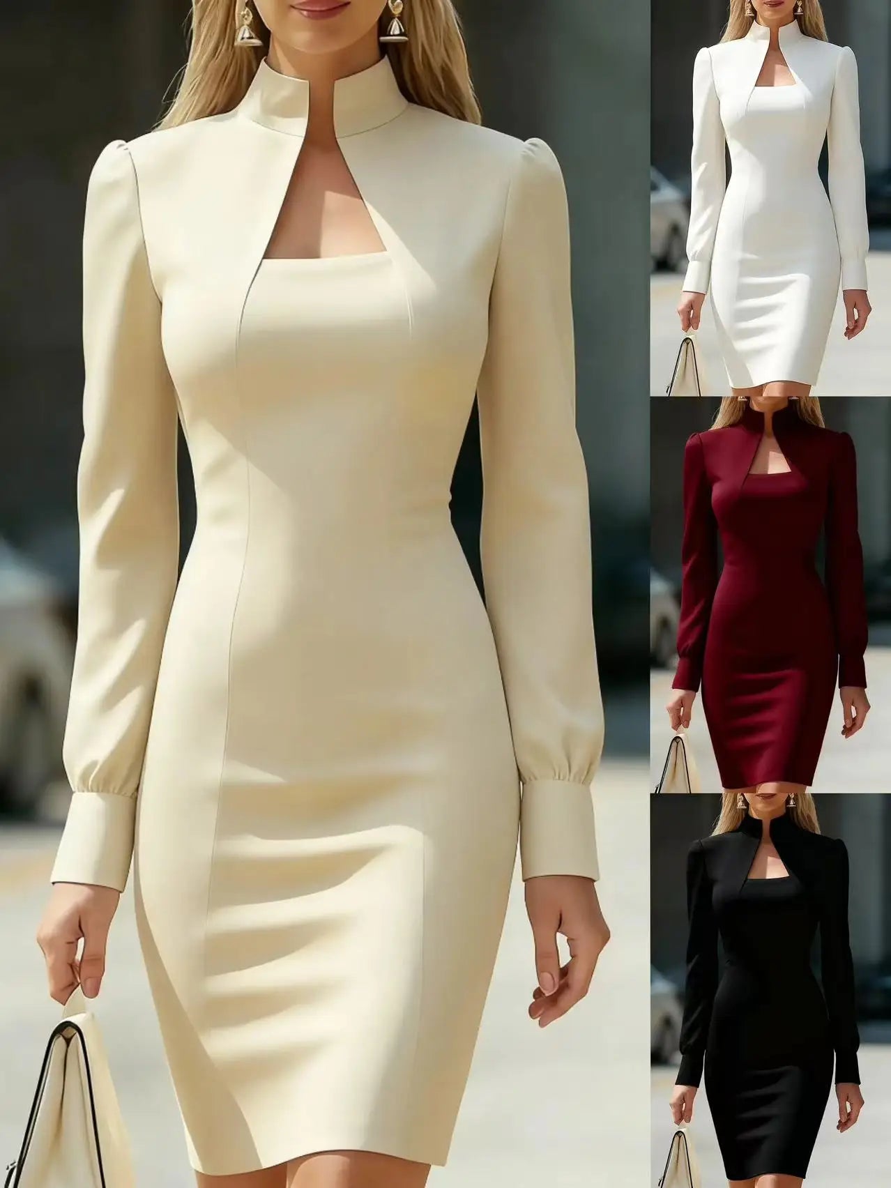 Polyester Solid Long Sleeve Midi Dress — White | KIMLUD