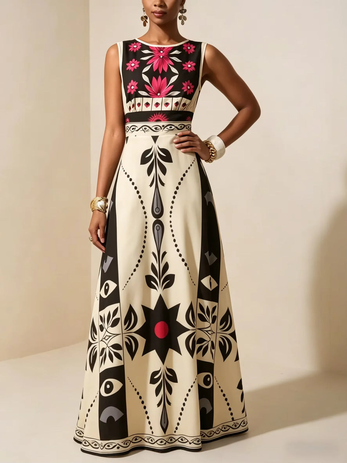 Maxi Dress – Floral Tribal Sleeveless A-Line – Polyester – Red | KIMLUD