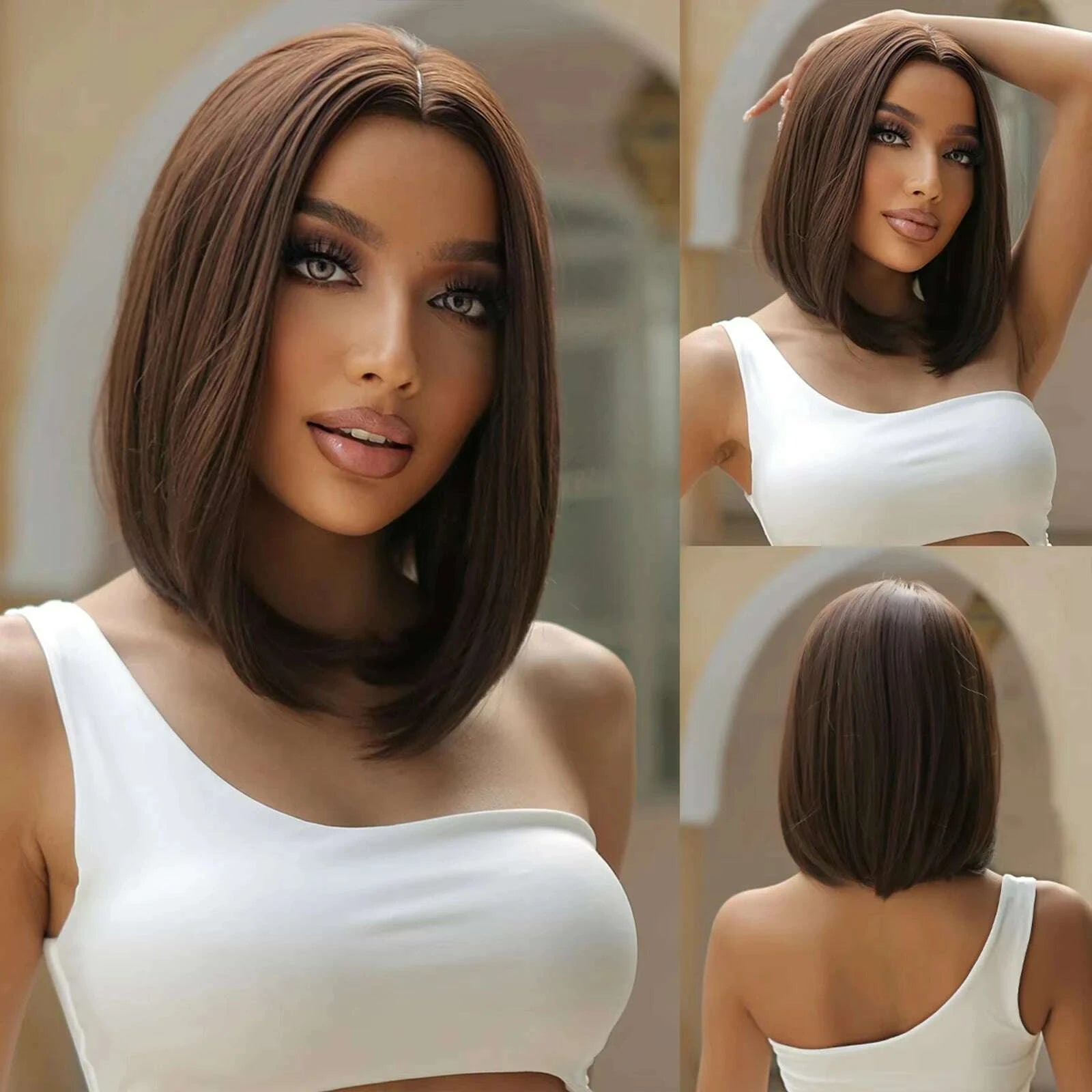 KIMLUD, Short straight synthetic wig Ginger Brown Bob wig with straight bangs Ladies Cosplay daily natural high temperature silk wig, KIMLUD Womens Clothes