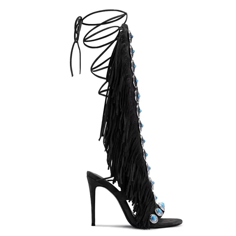 Lace-Up Peep-Toe Knee-High Sandals Microfiber Upper — Black | KIMLUD
