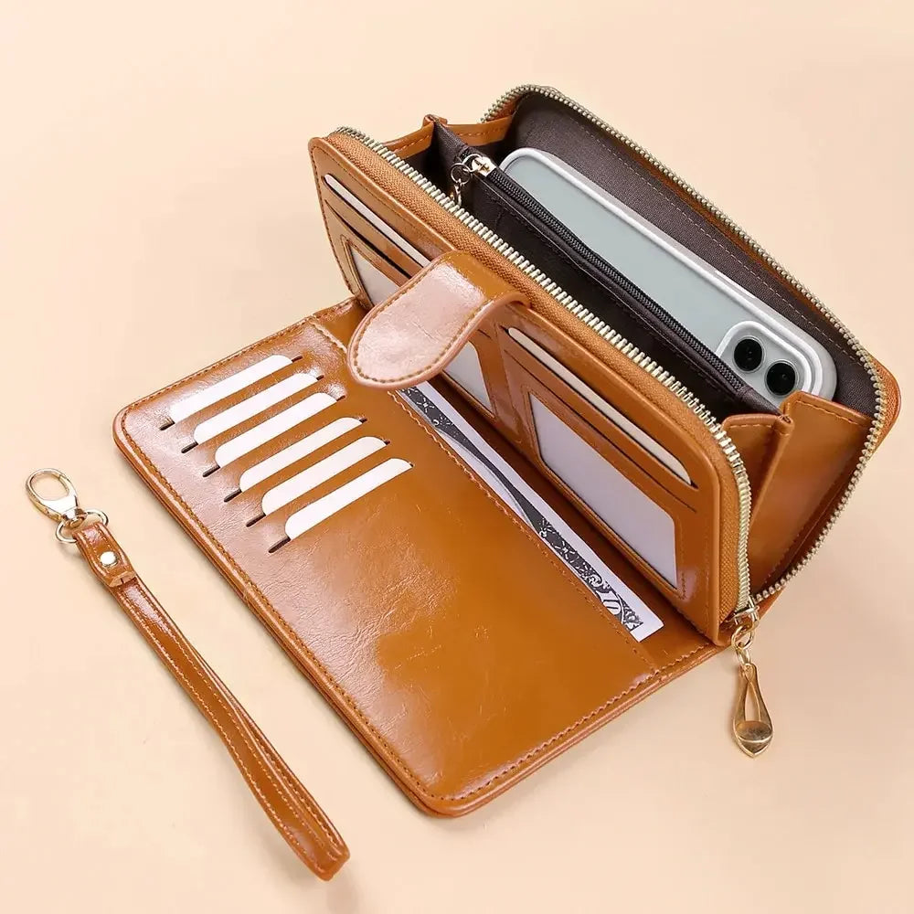 Oil-Wax PU Leather Clutch Wallet Large Capacity Phone Purse — Burgundy | KIMLUD