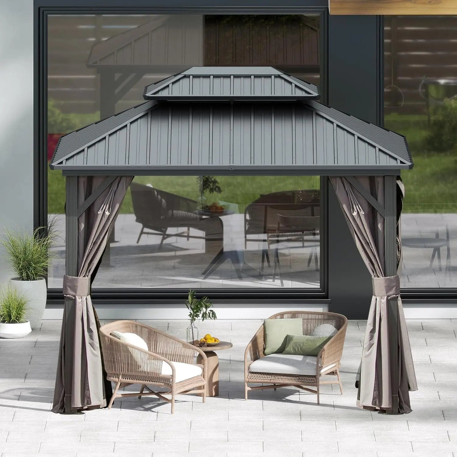 Galvanized Steel Outdoor Double Roof Gazebo — Brown | KIMLUD