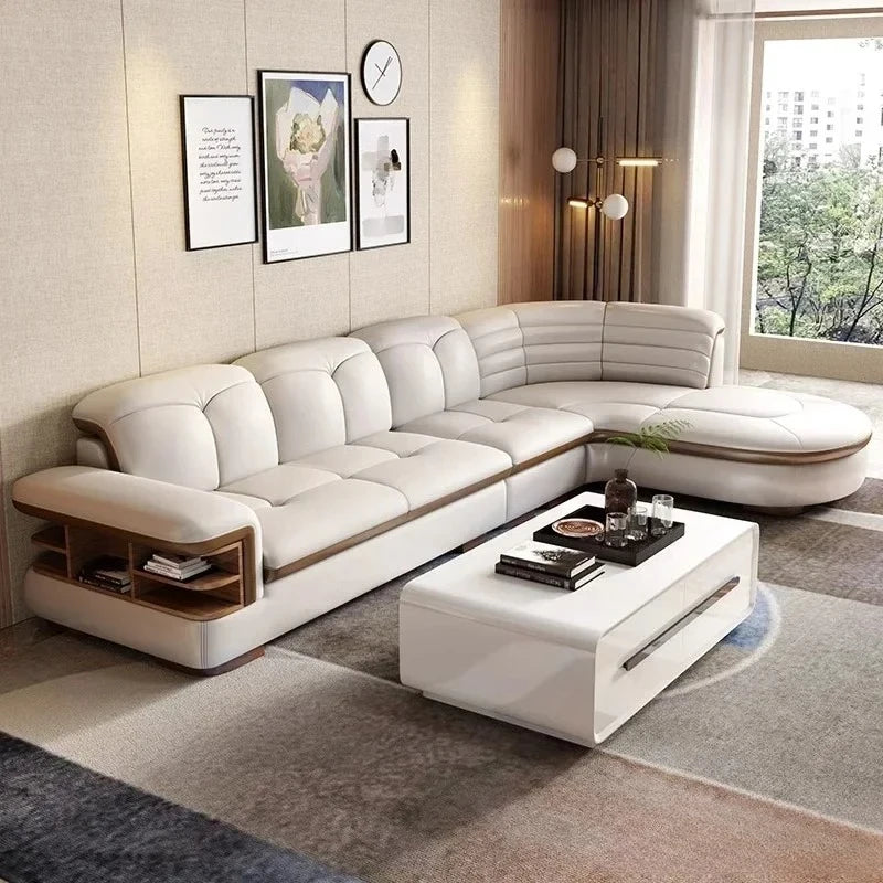 Genuine Leather Solid L-Shaped Sofa — Black | KIMLUD