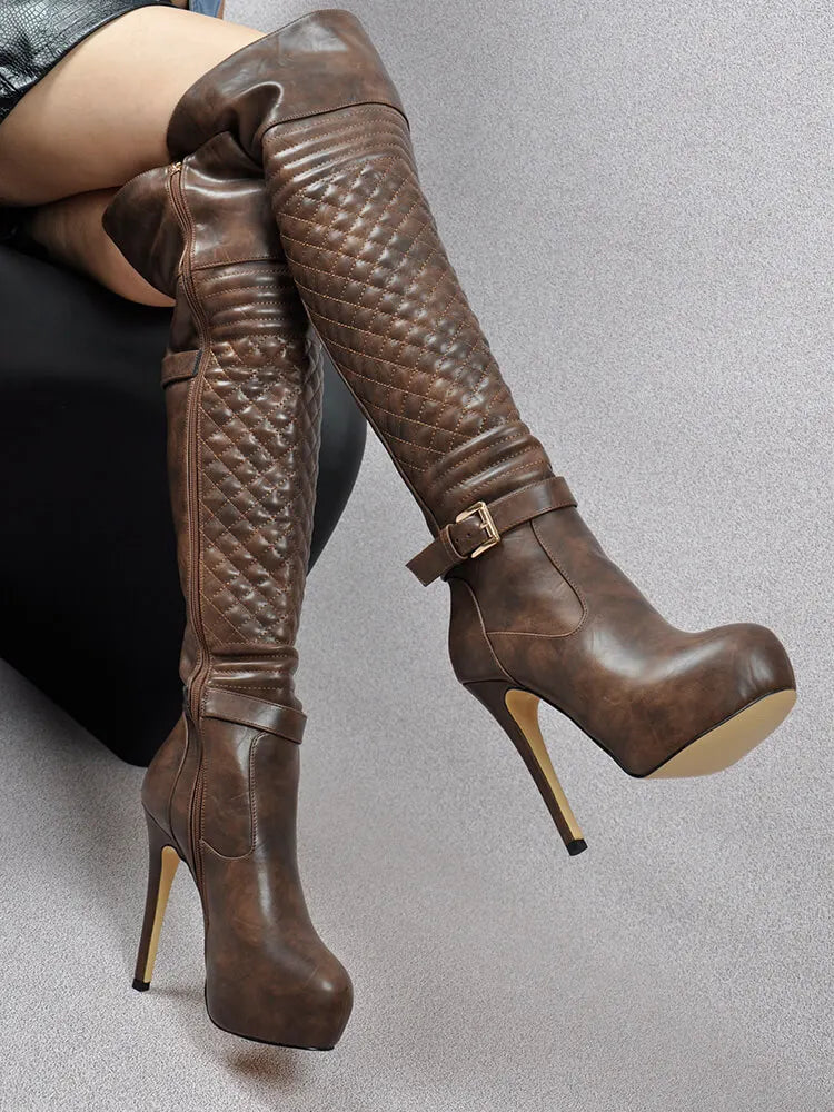 Onlymaker Women Over The Knee Boots Thin High Heel Lady Black Metal Chain Decoration Zipper Female Platform Boots