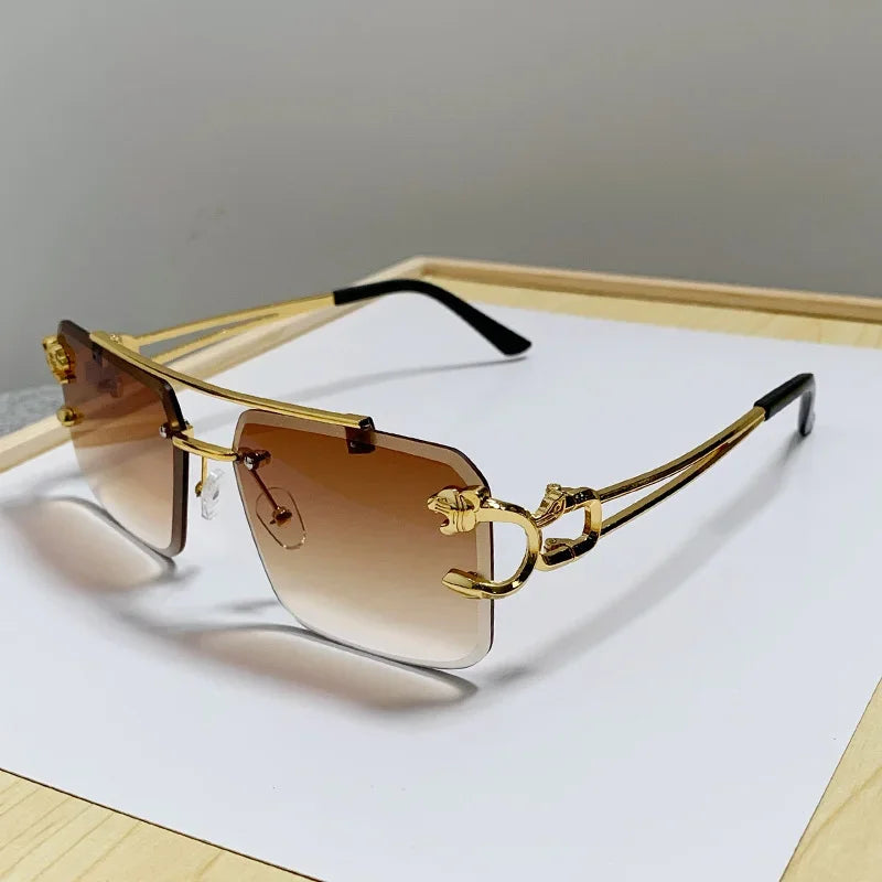 Rimless Square Sunglasses Gold-Tone Frame With Sculpted Hinges And Signature Shine — Black | KIMLUD