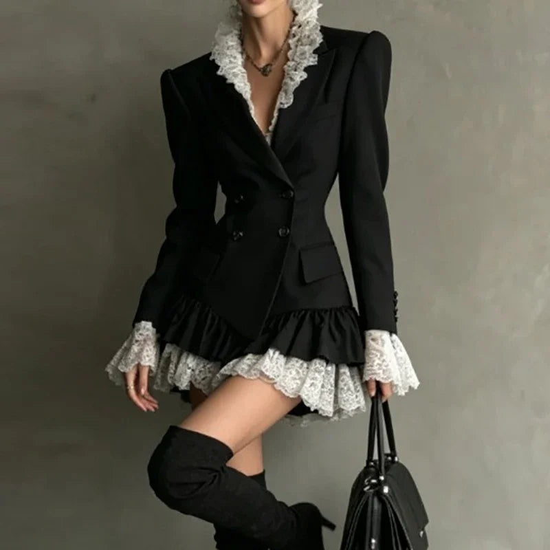 Blazer Dress – Double Breasted Lace Trim – Polyester | KIMLUD