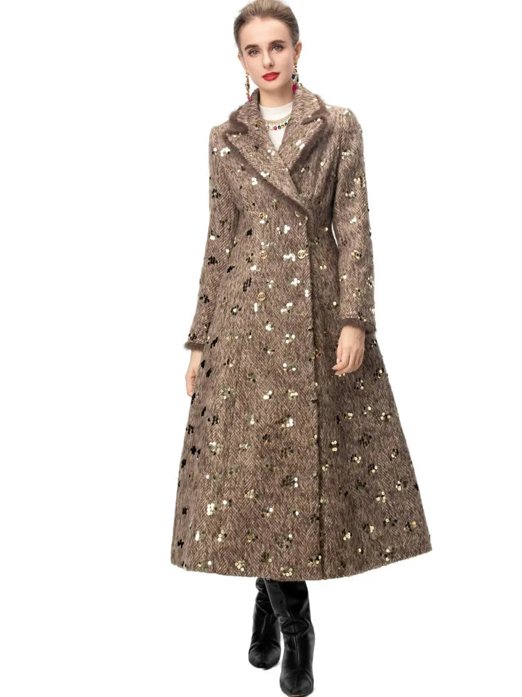 IEQJ Fashion Autumn Winter Woolen Coat Women Turn-Down Collar Fur EdgeDouble Breasted Long Sleeves Sequins Slim Blends Coat New