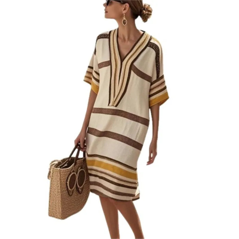 2025 New Vintage Stripe Print Midi Dress Summer Casual Short Sleeve V Neck Vacation Dress For Woman Spring Loose Commute Dresses