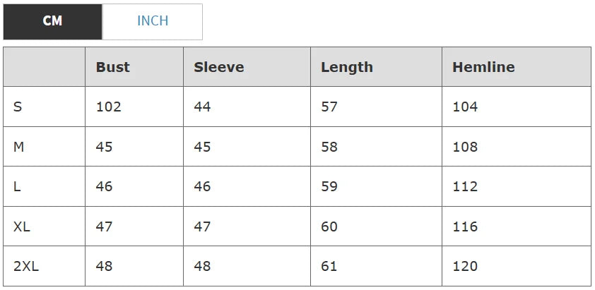 Measurement chart for clothing sizes with various dimensions listed.