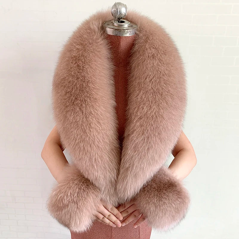 Fox Fur Solid Scarf And Cuff Set For Winter — Green | KIMLUD