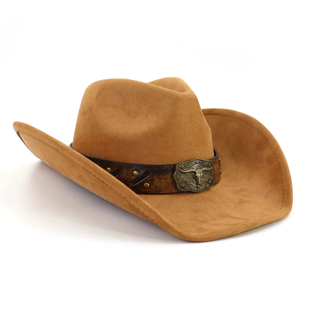Leather Band Suede Cowboy Hat Big Brim Bull's Head — Brown | KIMLUD