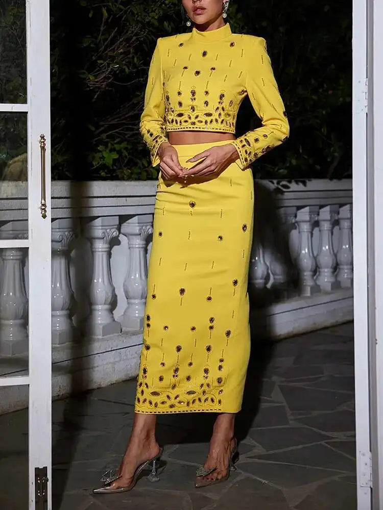 KIMLUD, TWOTWINSTYLE Solid Spliced Diamonds Two Piece Set For Women Stand Collar Long Sleeve Tops High Waist A Line Skirt Set Female New, KIMLUD Womens Clothes