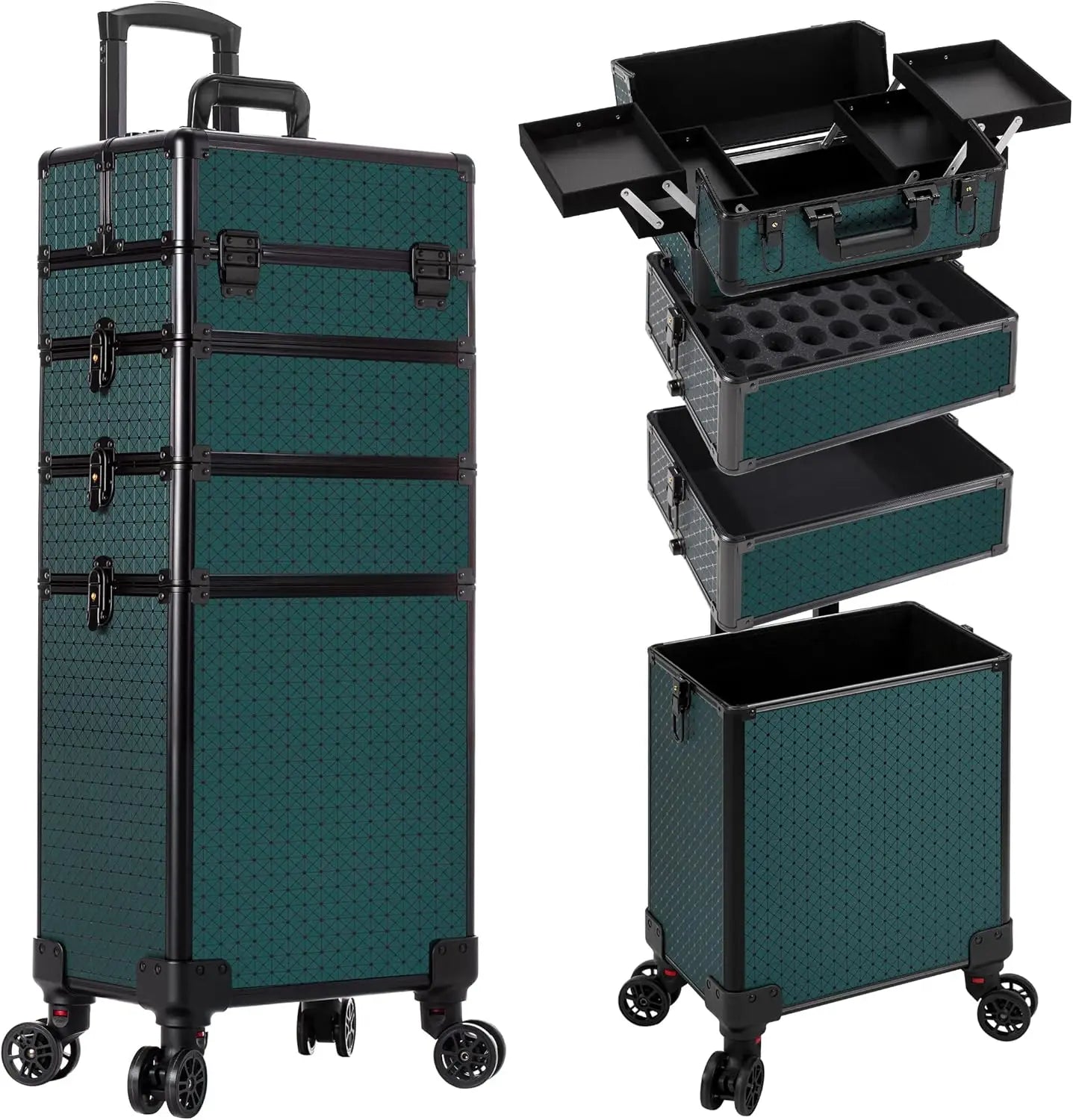 Rolling Plastic Travel Suitcases 4-In-1 Cosmetology Case Wheels — Black | KIMLUD