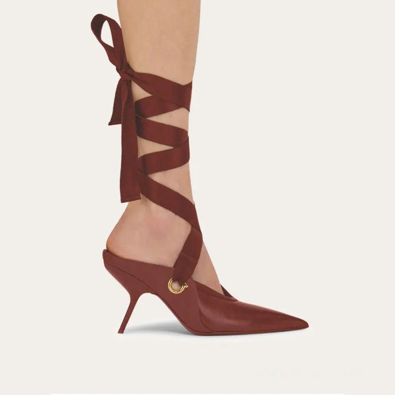 Microfiber Stiletto Ballet Sandals With Delicate Ankle Ribbons For Evening Soirees — Smoky Taupe | KIMLUD