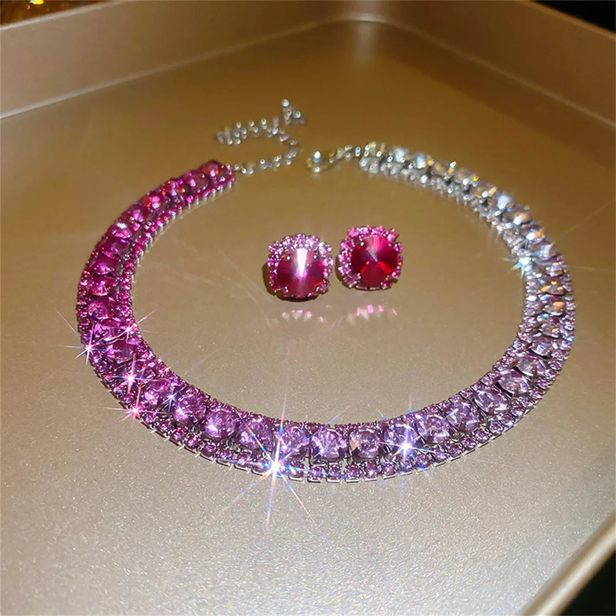 Luxury Crystal Necklace Earrings Set Pink ABcolourful Necklace for Women Weddings Party Jewelry Sets Accessories