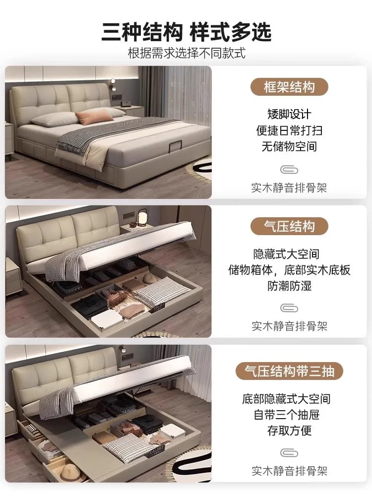 Minimalist Leather Storage Double Bed Modern Frame — Dove Gray | KIMLUD