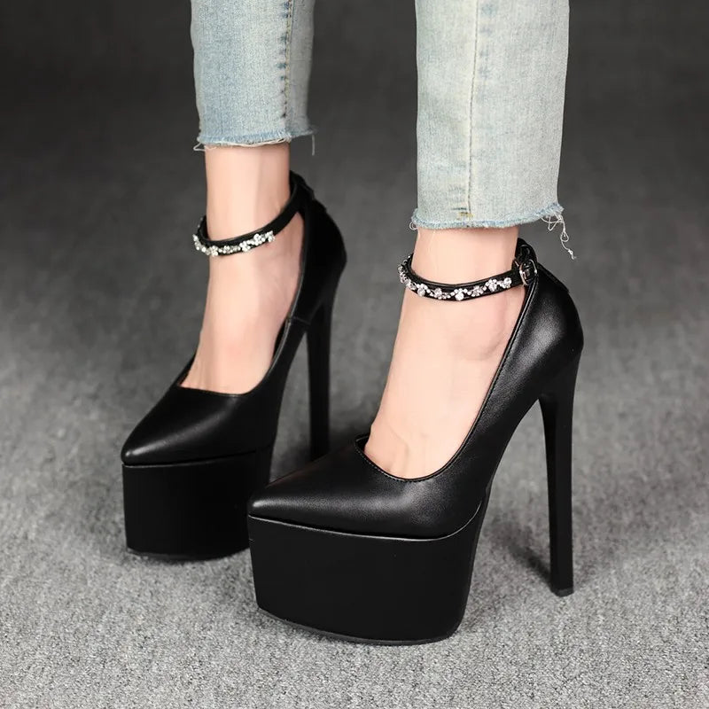 2026Stylish Rhinestone Straight Heel Single Shoes Stylish Pointed Toe Shallow Mouth Platform Heels