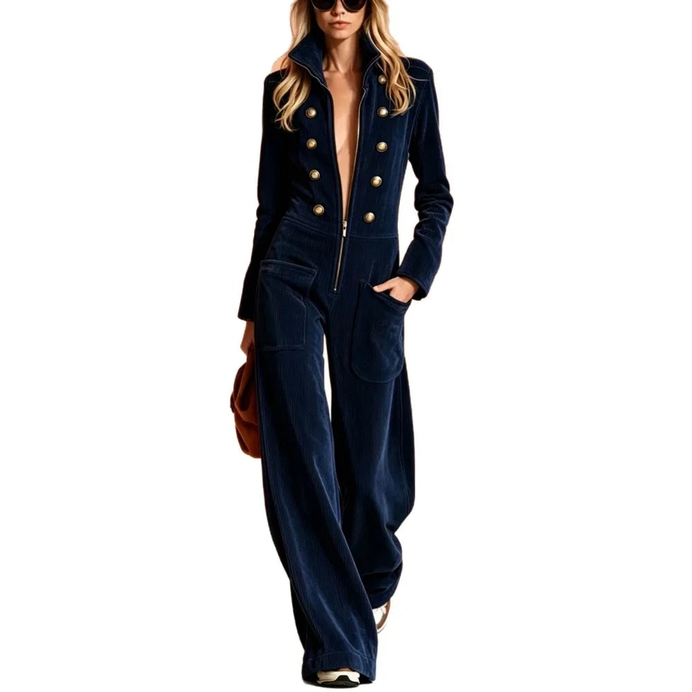 Jumpsuit - Front Zip Stand Collar - Wide Leg Silhouette - Mid Waist | KIMLUD