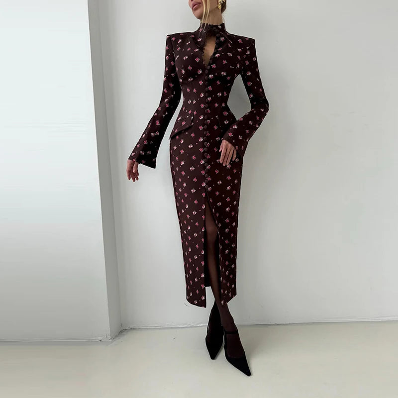 Cotton Elegant Floral Blazer Dress — Beige | KIMLUD