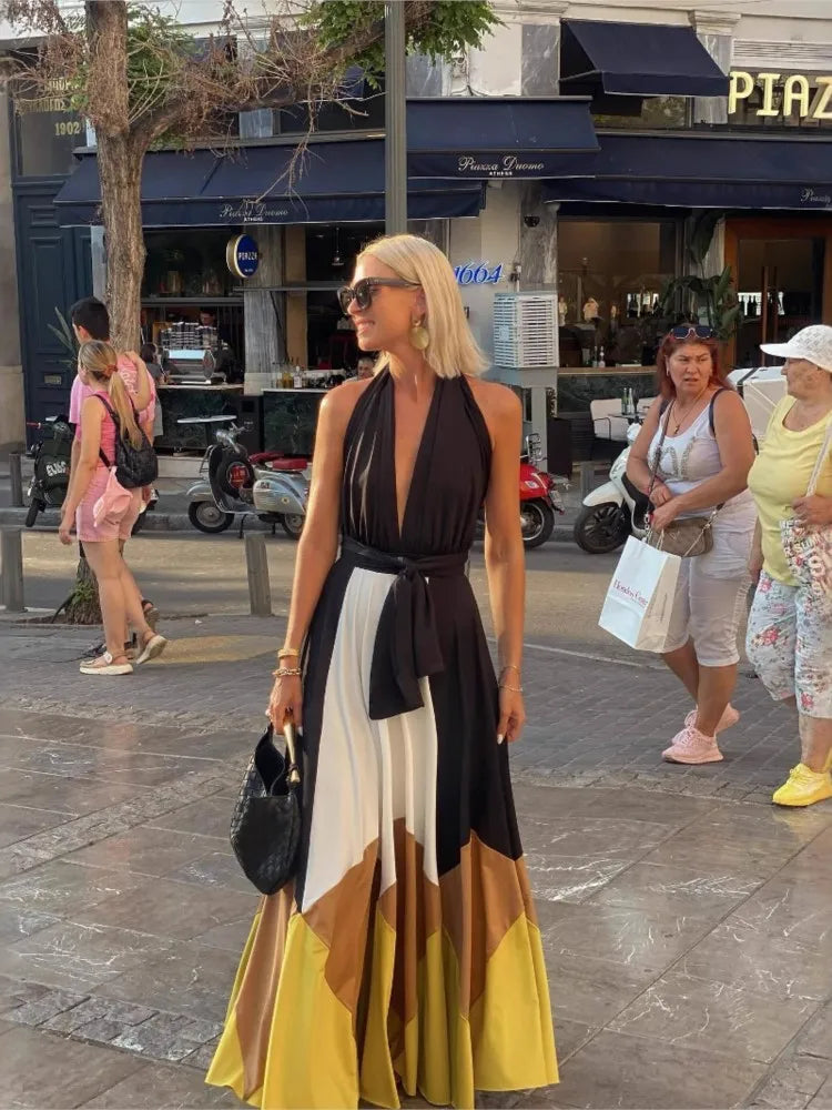Sexy Halterneck Sleeveless Dress For Women Fashionable Summer Color-blocked Waistless Backless Loose Casual Dresses For Women
