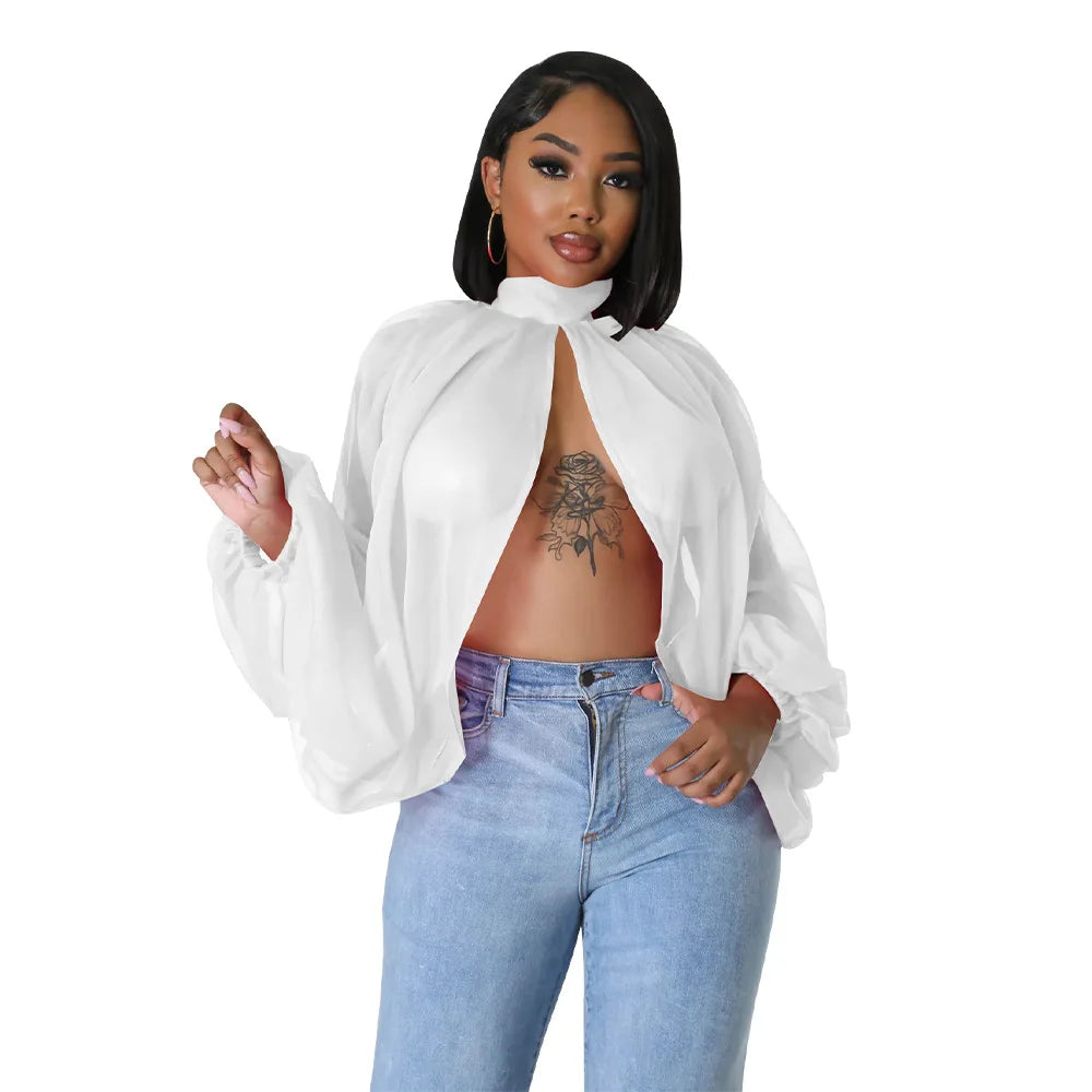 Women See Through Sheer Chiffon Blouse Sexy Front Back Open High Neck Self Tie Shawl Casual Shirts Y2K Night Club Party Tops