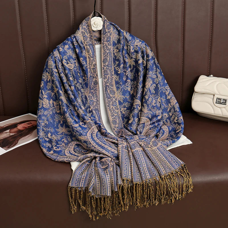 Cashmere Pashmina Shawl With Autumn Print Design, Olive Accents And Gold-Toned Fringe — Red | KIMLUD