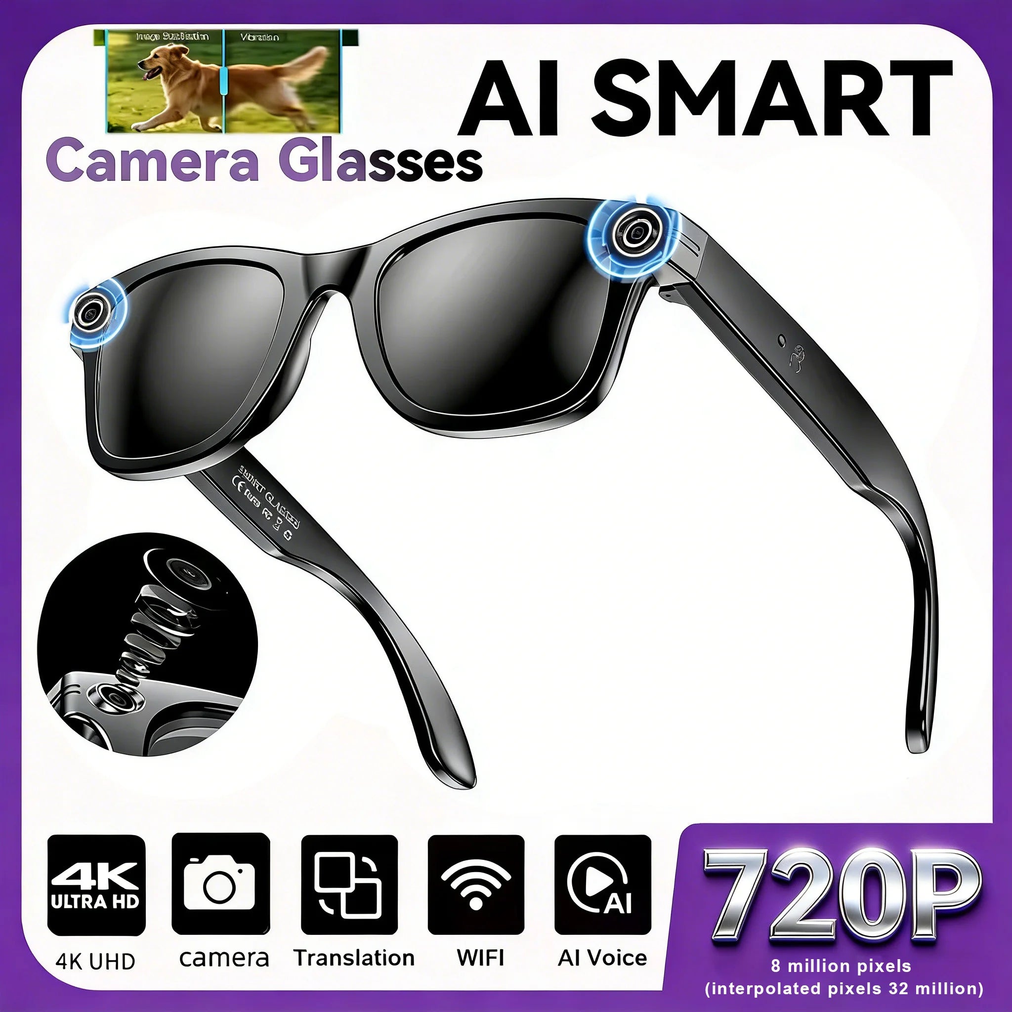 Smart Glasses With 8K Camera, Video Recording, AI Translation And Photo Recognition — Black | KIMLUD