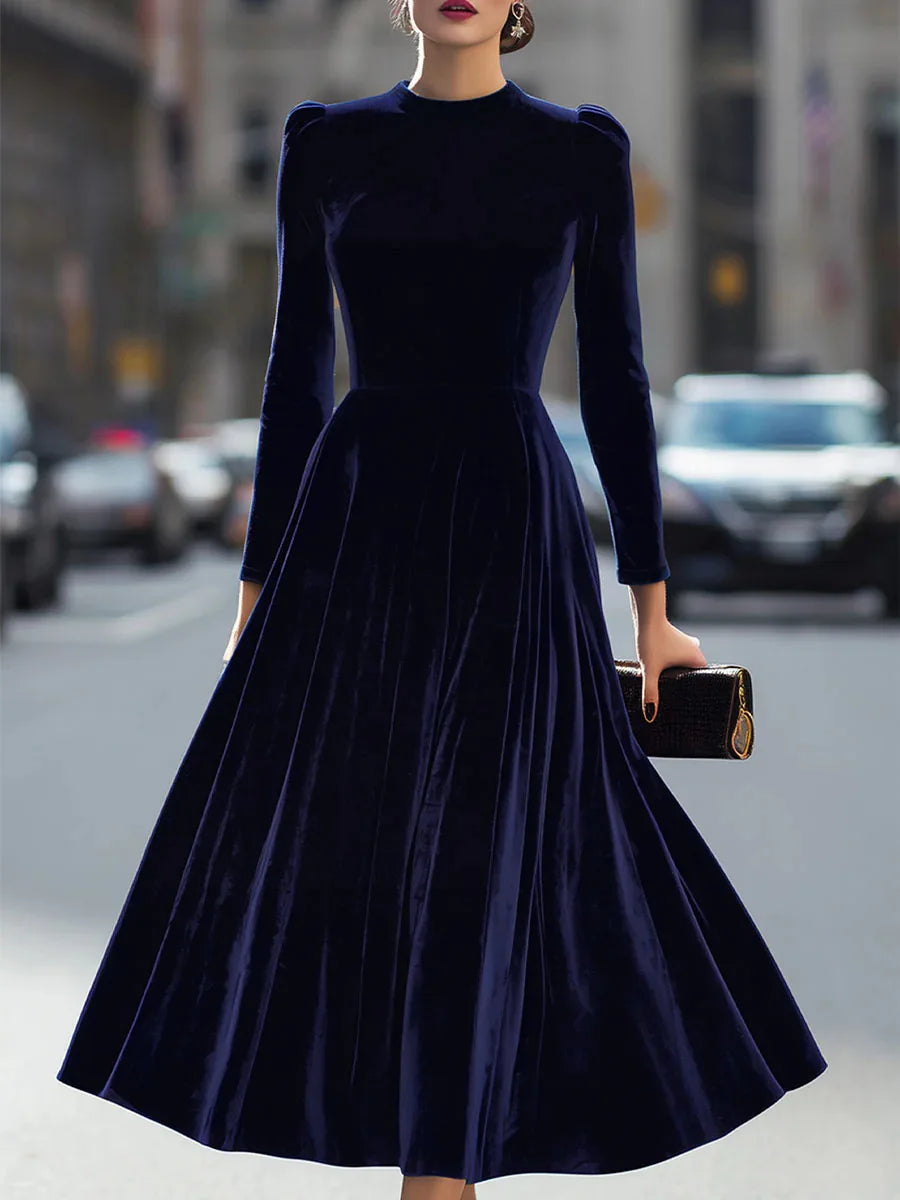 Velvet Dress Long Sleeve Round-Neck Midi — Navy | KIMLUD