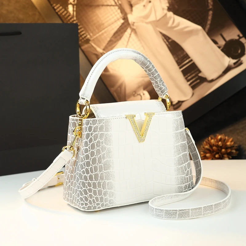 Crocodile Pattern Leather Shoulder Bag Small — Black | KIMLUD