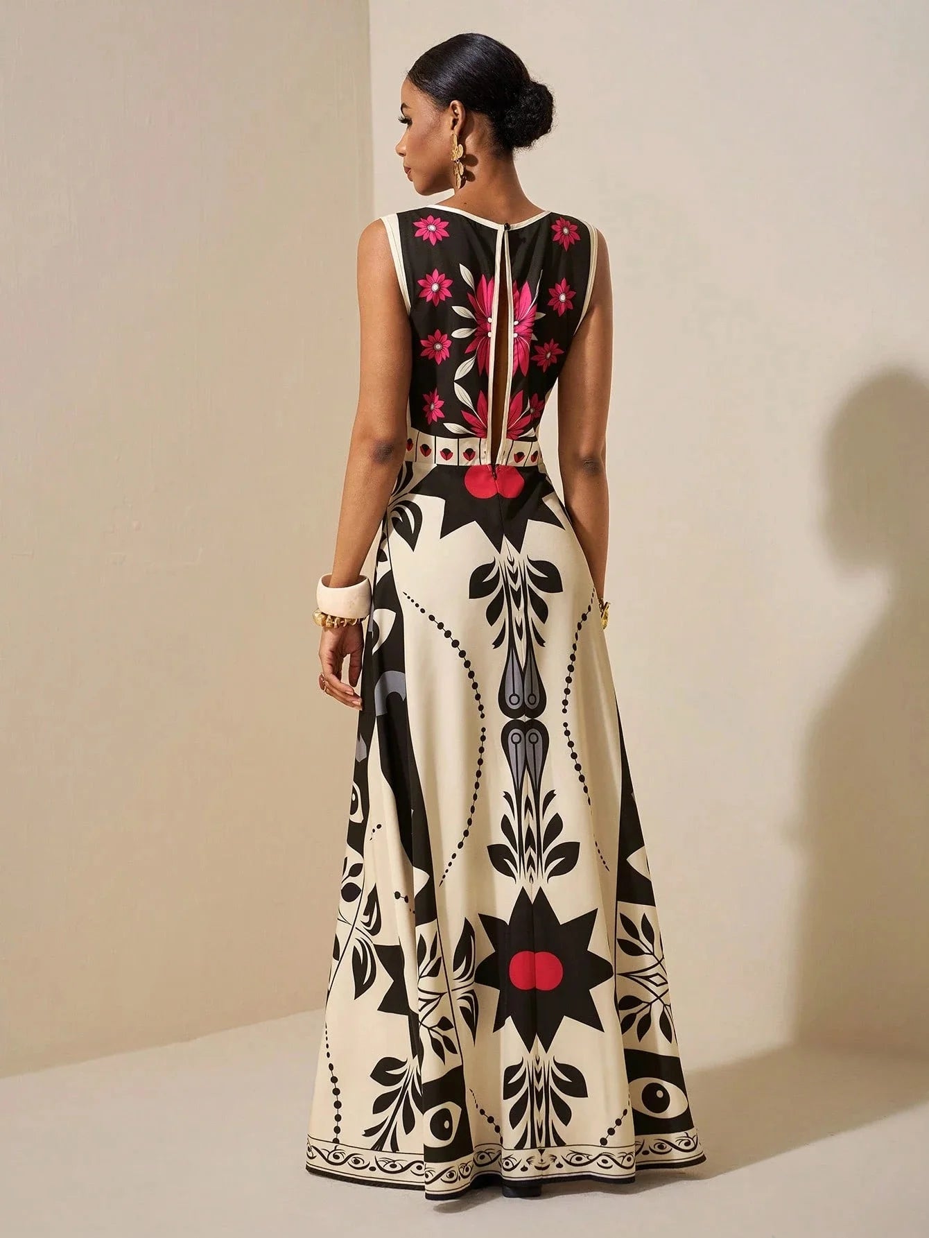 Maxi Dress – Floral Tribal Sleeveless A-Line – Polyester – Red | KIMLUD
