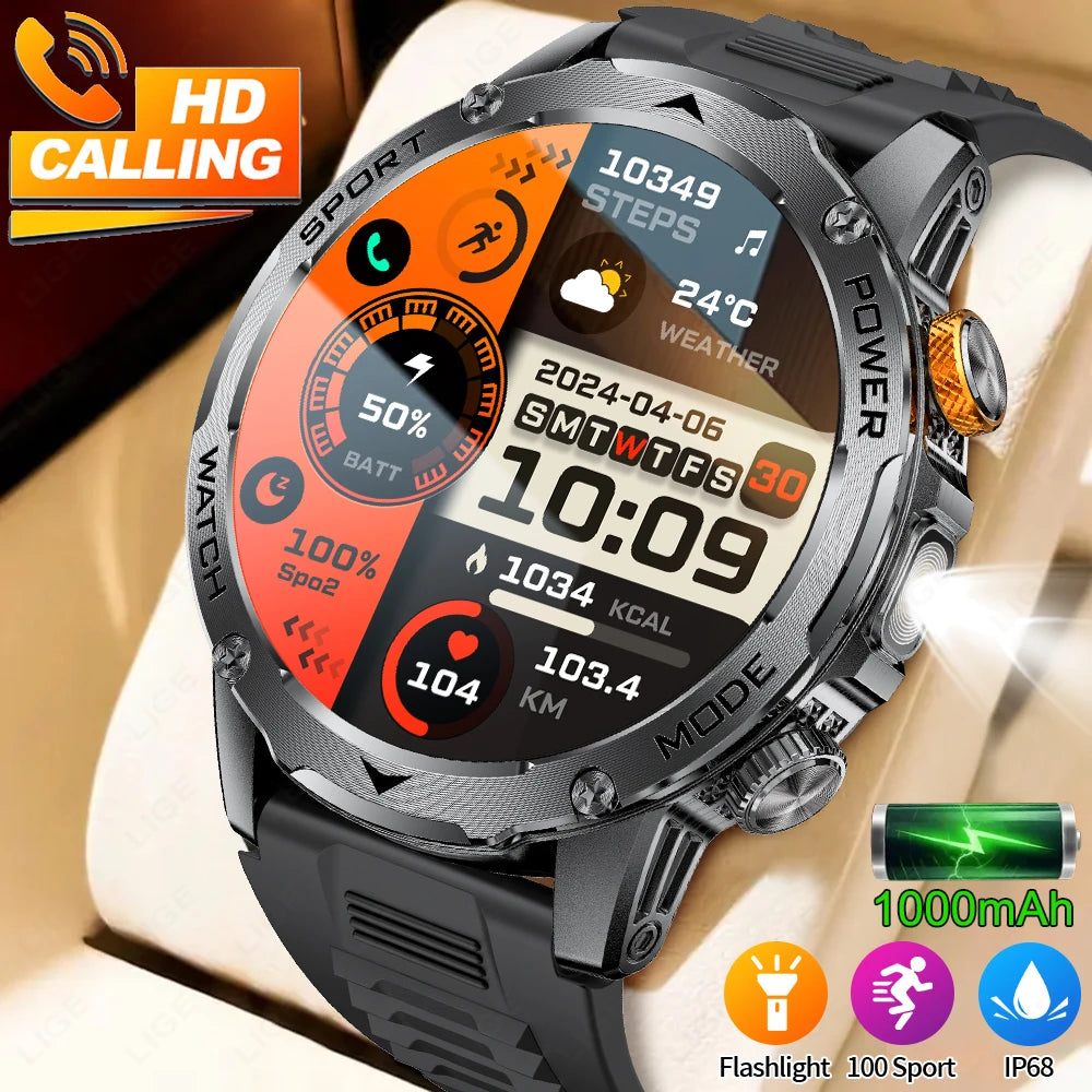 LIGE AMOLED Smart Watch Men with Flashlight Sports IP68 Waterproof Fitness Tracker Bluetooth Call Smartwatch Man for Android iOS