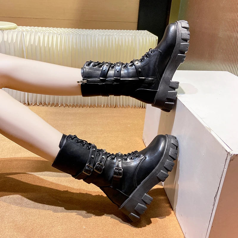 KIMLUD, WOMEN ANKLE BOOTS Goth Boots Woman Winter 2022 Platform Shoes Sneakers Studded Belt Buckle Punk Army Chunky Heels Mid Calf Boots, KIMLUD Womens Clothes
