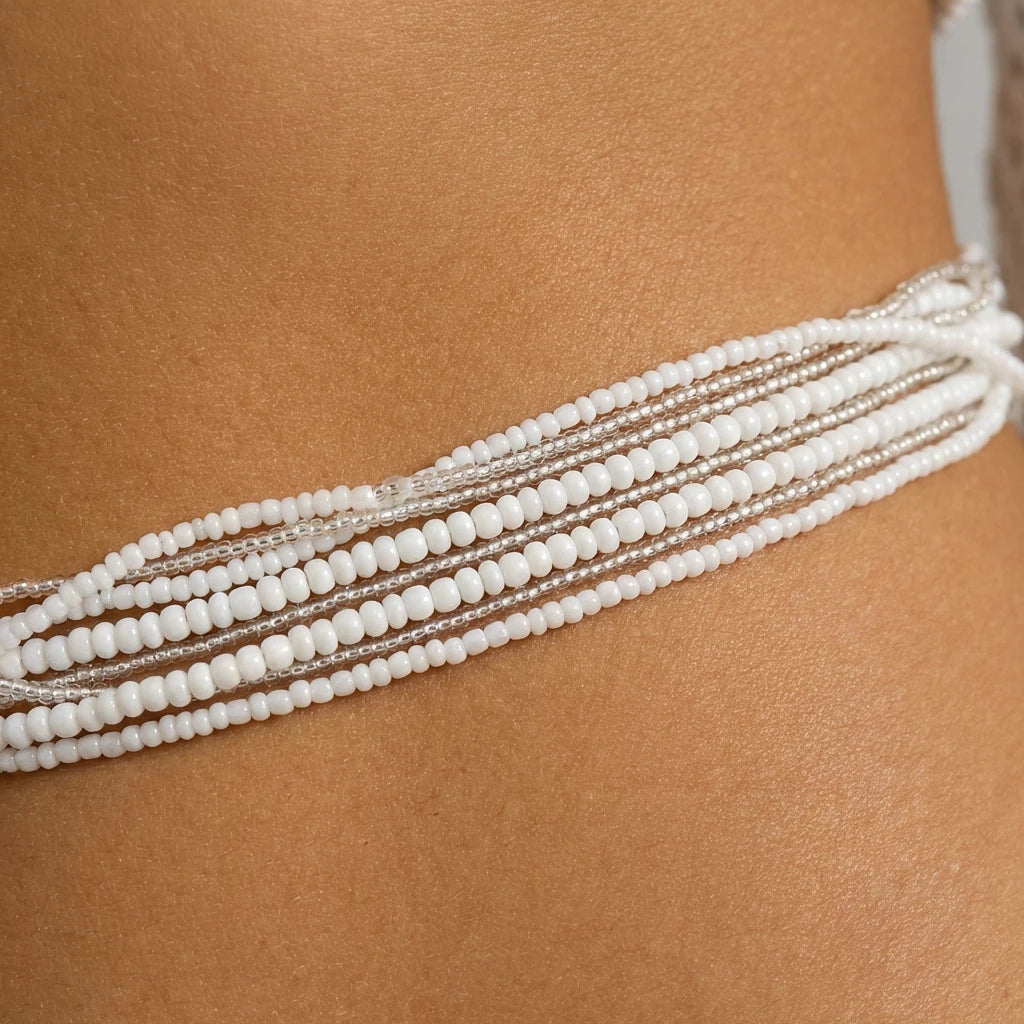 Rice-Bead Bohemian Waist Chain Multilayer — White | KIMLUD
