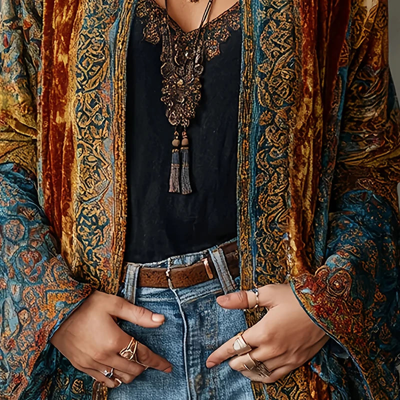 Spring Fashion Velvet Cardigan Coat Women Elegant Stand Collar Retro Floral Pattern Slim Long Sleeve Outerwear Coats Soft Jacket