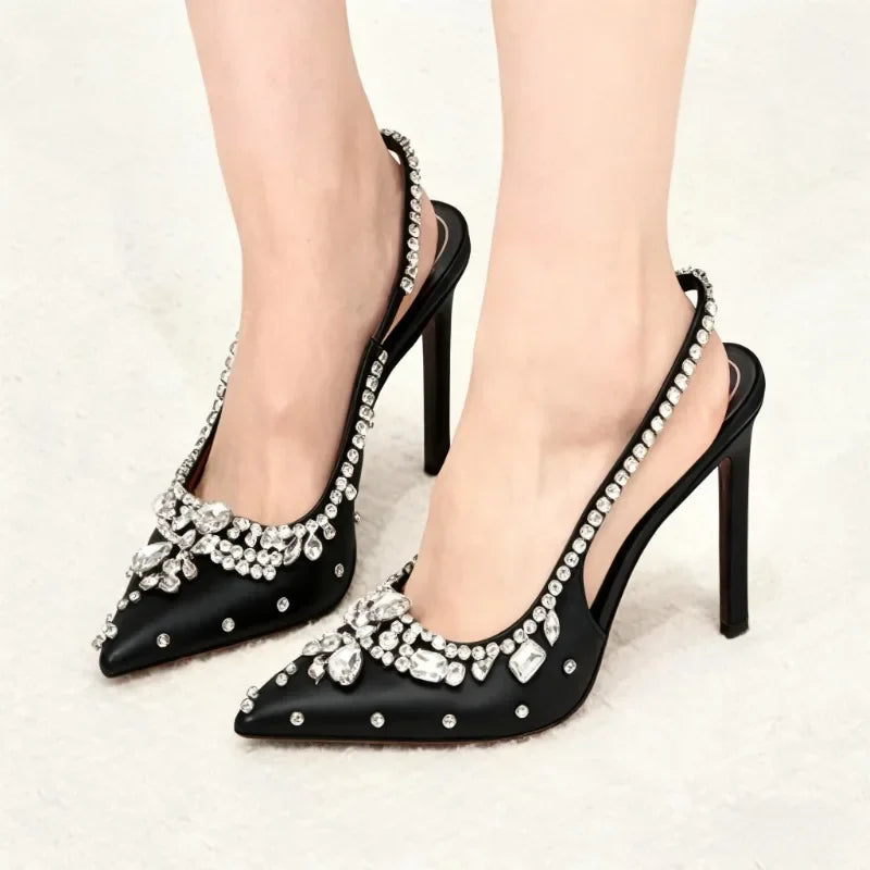 Dresses Satin Pointy Toe Heels With Rhinestones — Silver | KIMLUD