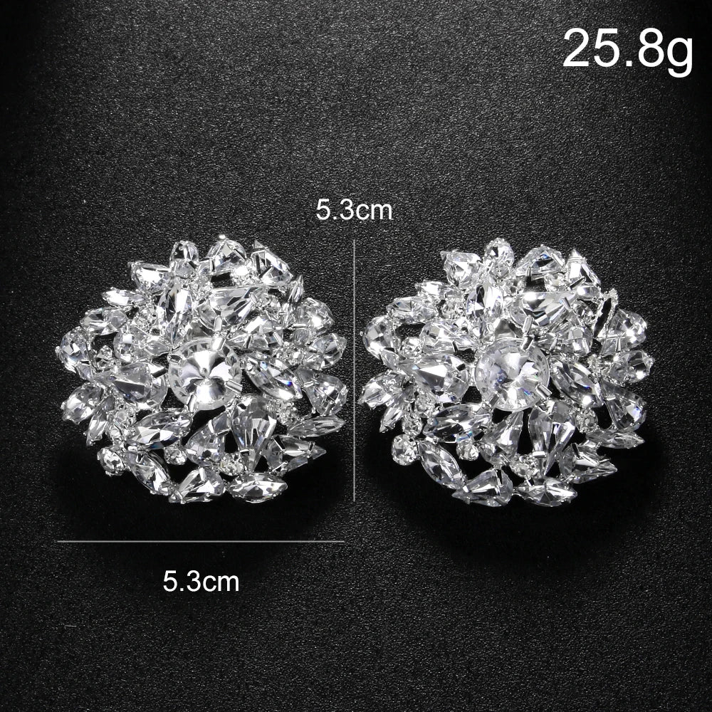 Round Geometric Rhinestone Clip Earrings Wedding Bling — Gold | KIMLUD