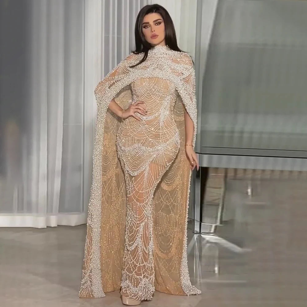 Beaded Gown With Mermaid Cape — Dubai Nude | KIMLUD